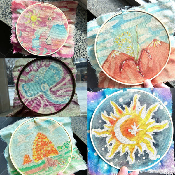 Collage of various hand-painted embroidery hoops with different designs.